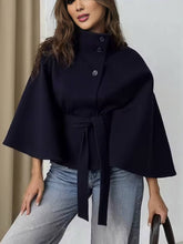 Aurohaya Women's Buttoned Poncho Coat, Belted Short Cape Oversized Vintage Stand-Collar Polyester Winter Jacket